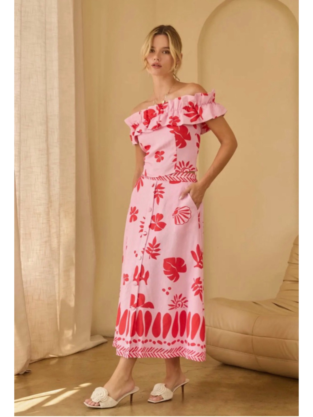 Skies Are Blue| Pink Off Shoulder Ruffle 2pc Set | Pink & Red | XS-Lg